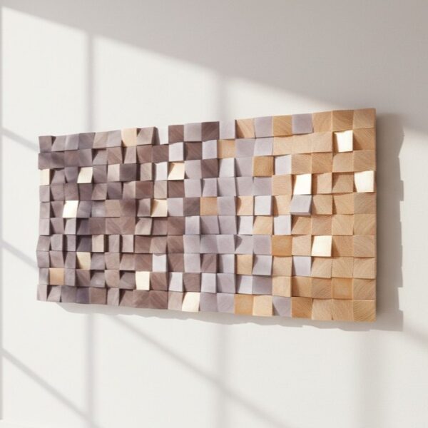 Mosaico de madera en tonos naturales con toques dorados para decoración de pared