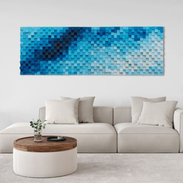 Escultura mural de madera en tonos azules