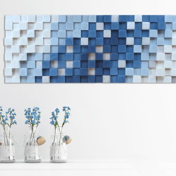 Arte mural en madera azul y plateado
