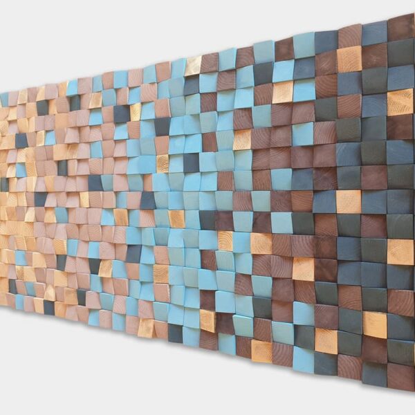 Gran mural de madera en tonos marrón y turquesa