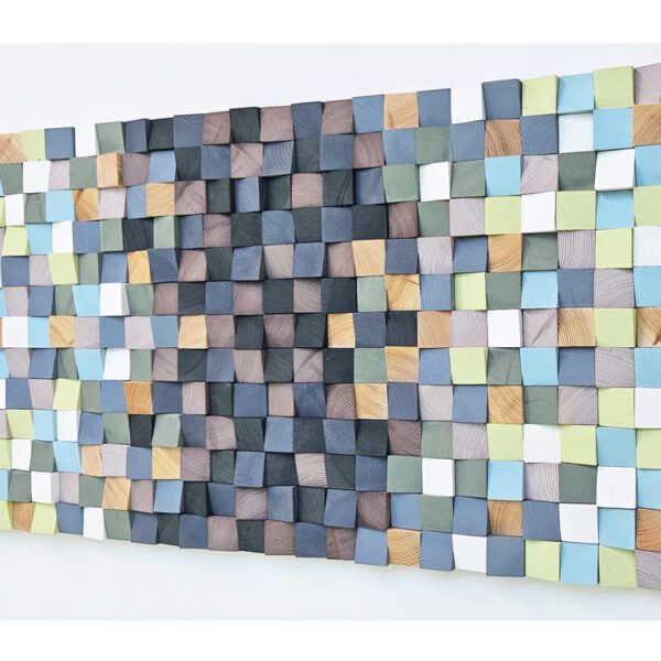 Mural de madera en tonos verde y azul