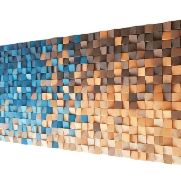 Mural de madera en azul marino, naranja y marrón