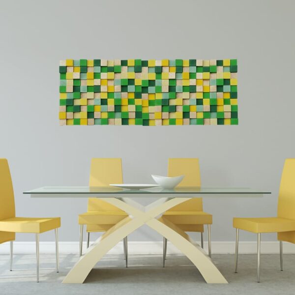 Arte mural geométrico en madera verde y amarillo