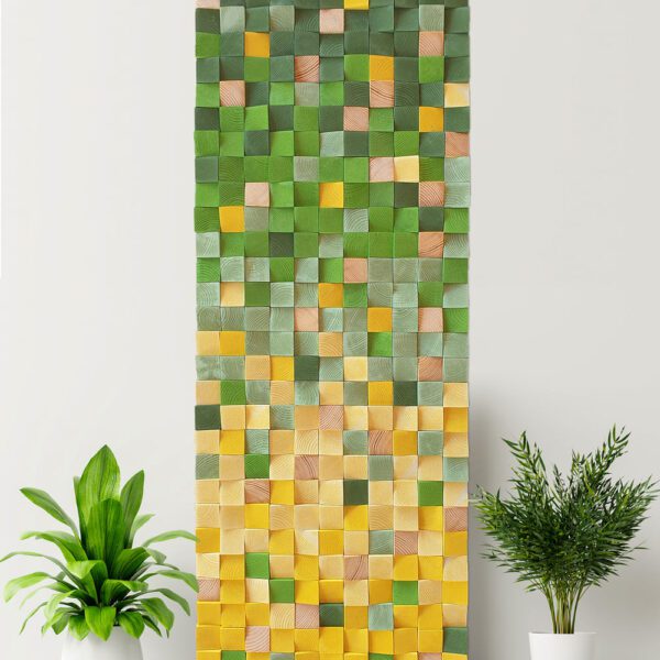 Panel mural de madera en tonos verdes y amarillos