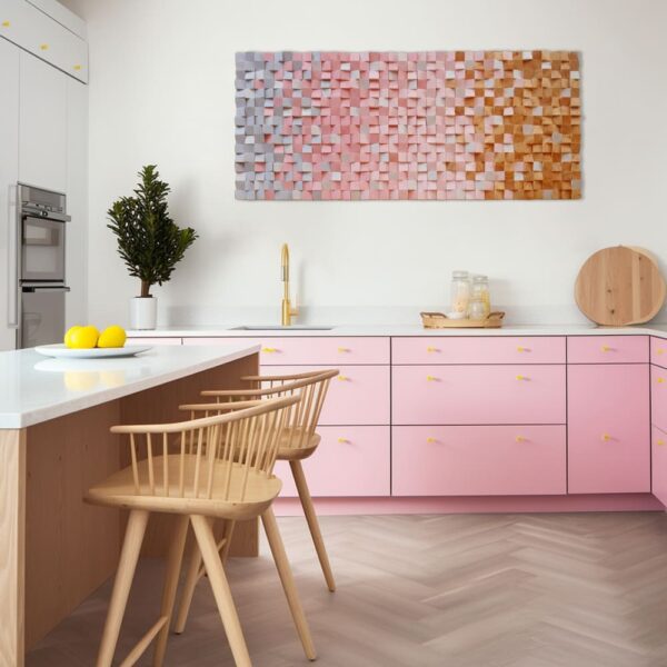 Mural de madera en rosa empolvado, gris suave y blanco