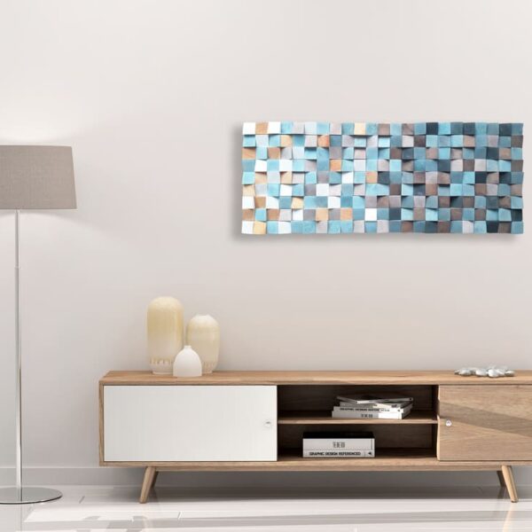 Mural de madera en azul y tonos tostados