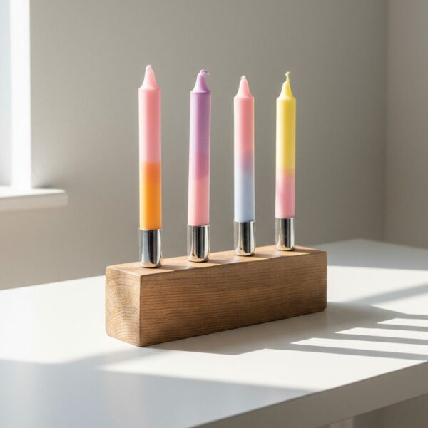 Portavelas en madera con 4 velas de colores · Centro de mesa