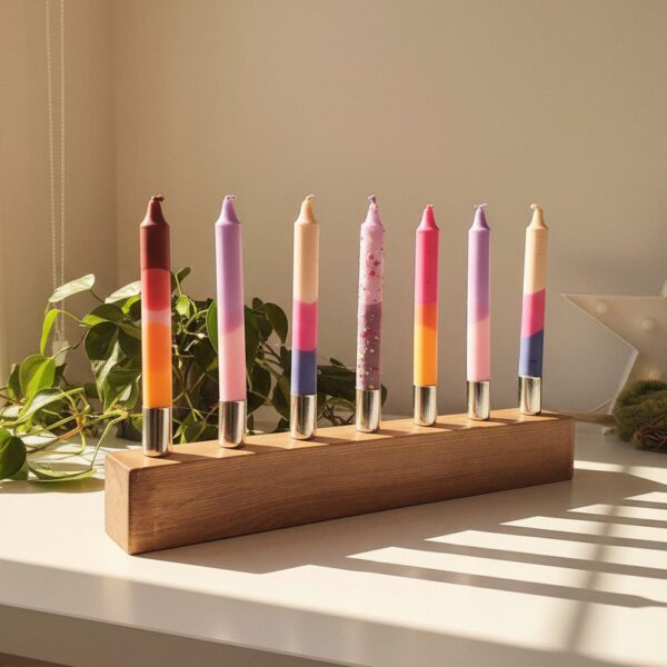 Centro de mesa con 7 velas de colores en madera · Varios colores