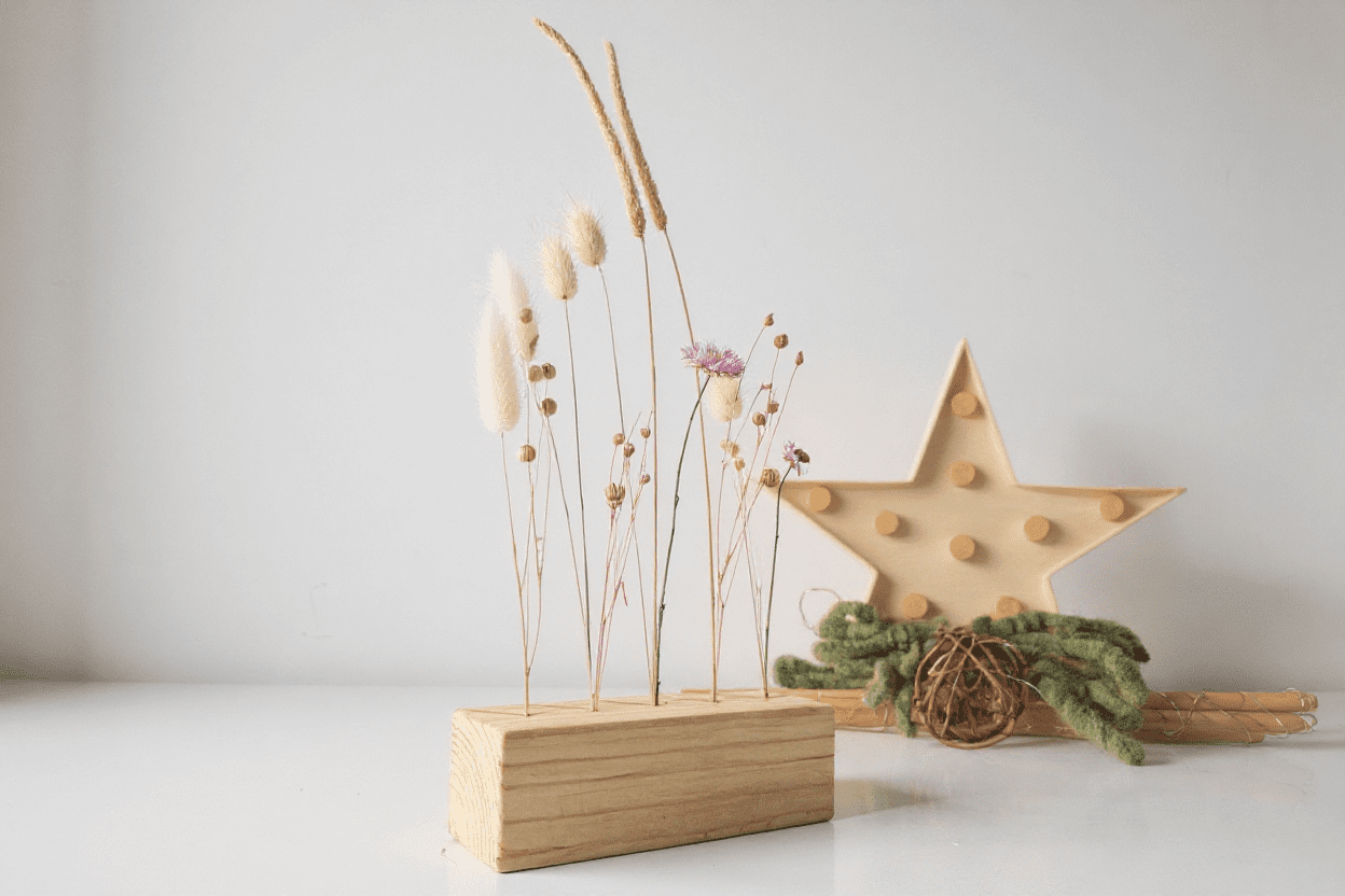 Centro de mesa romántico con flores secas rosa claro · Arreglo floral artesanal para bodas y decoración vintage