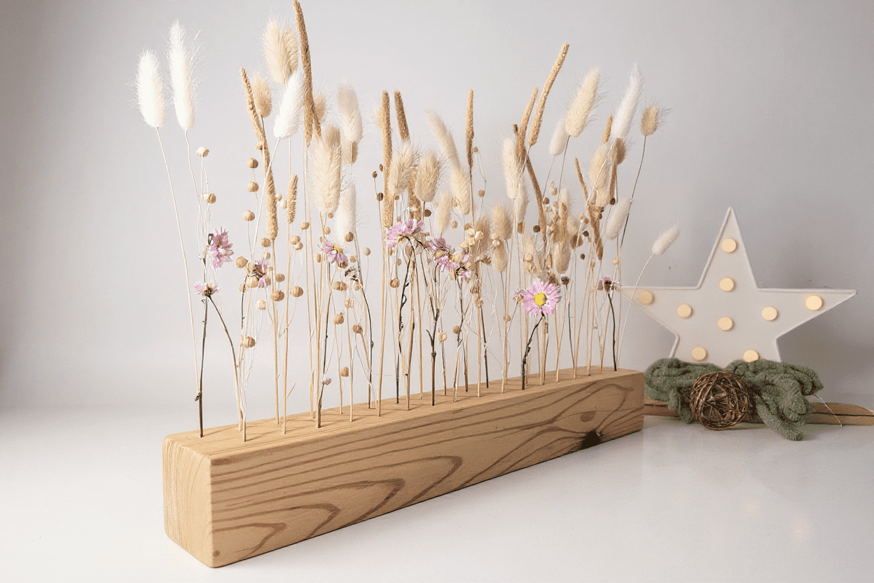 Centro de mesa con flores seca en tonos claros, toque sencillo y delicado. Varios tamaños