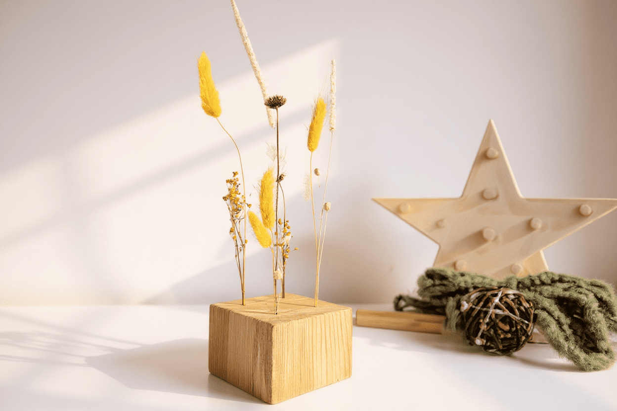 Cubo de madera con flores secas amarillas y blancas. Pieza decorativa natural y minimalista
