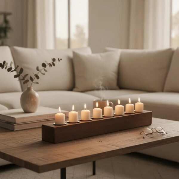 Decoración de mesa comedor con portavelas alargado