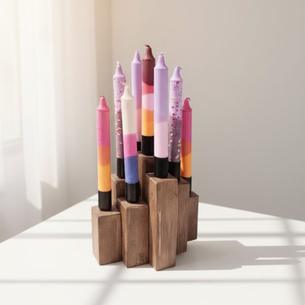 Centro de mesa de madera con 9 velas de colores Ø20