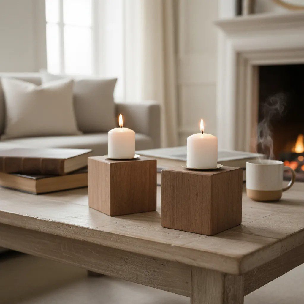 Portavelas de madera maciza 9x9x9 cm con vela blanca incluida