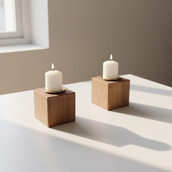 Portavelas de madera maciza 9x9x9 cm con vela blanca incluida