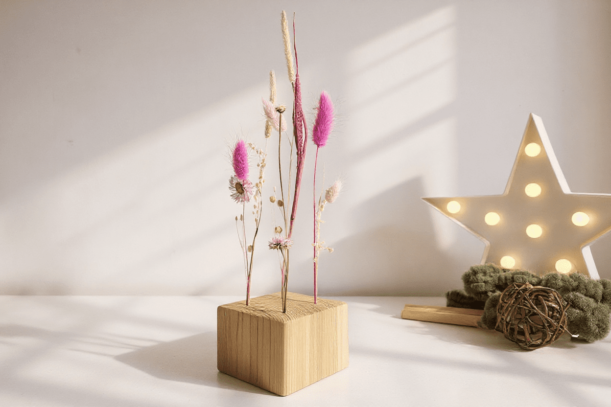 Cubo de madera con flores secas rosas y crema · Decoración artesanal y delicada