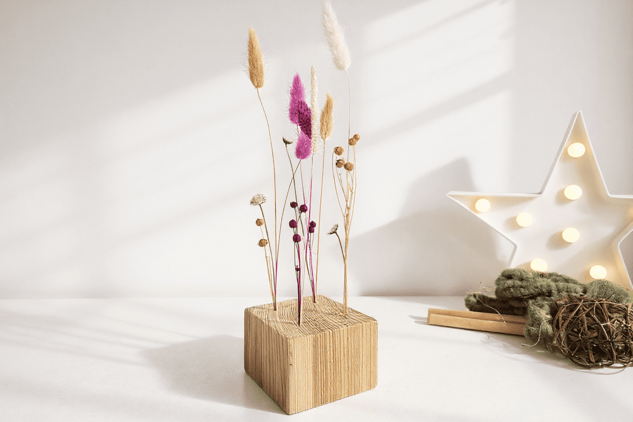 Cubo de madera con flores secas rosas, beige y ámbar. Detalle decorativo boho natural