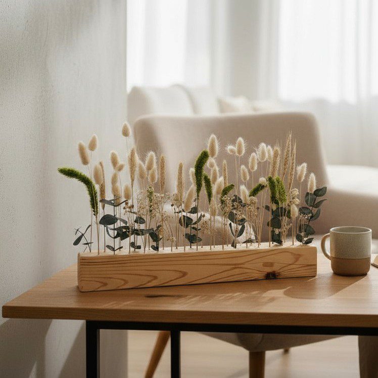 Centro de mesa artesanal verde y beige con flores secas y preservadas