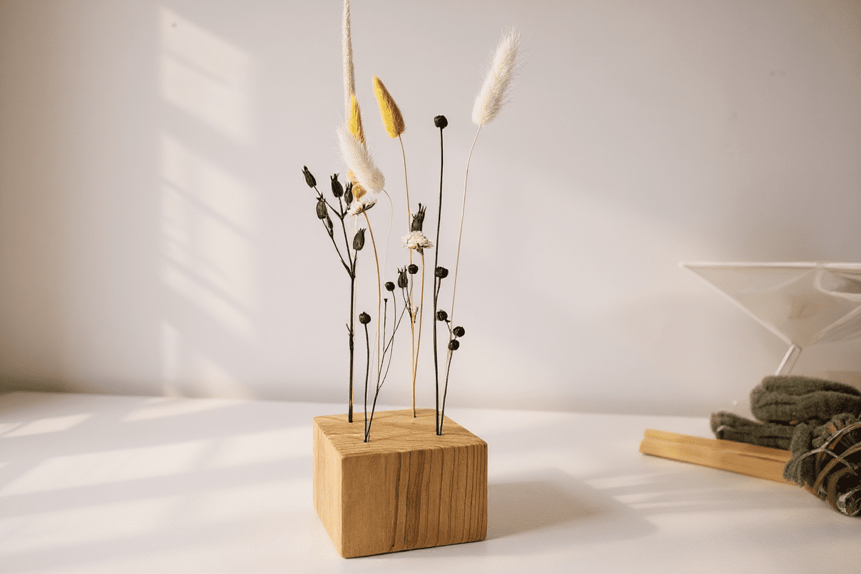 Cubo de madera con flores secas blancas, amarillas y azul oscuro · Detalle decorativo natural y minimalista