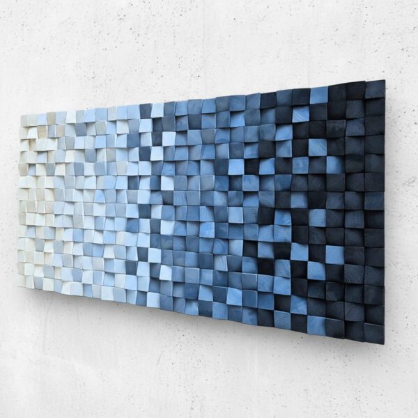 Vista completa del mosaico de madera azul marino y blanco instalado en pared2