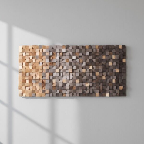 Mosaico de madera en tonos naturales con toques dorados para decoración de pared