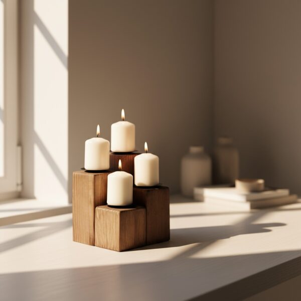 Portavelas de madera natural con platos negros