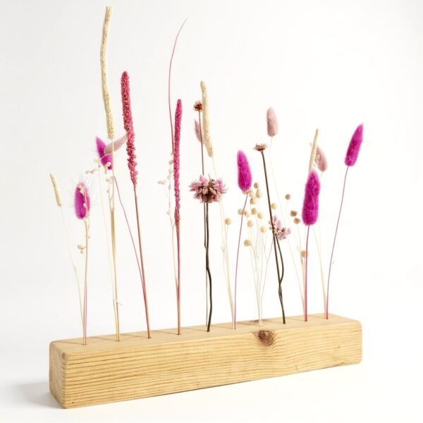 Centro de mesa boho artesanal con flores secas fucsias y blancas.