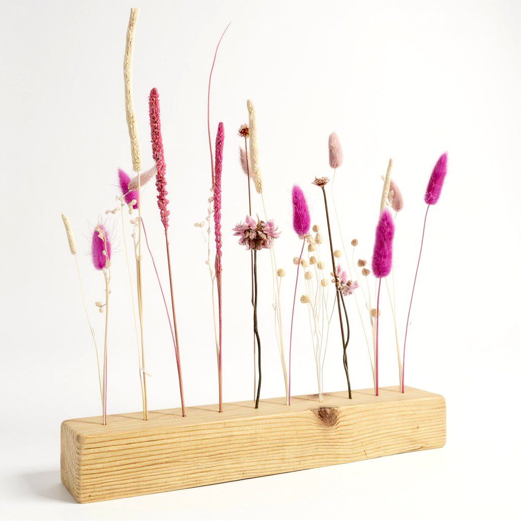 Centro de mesa boho artesanal con flores secas fucsias y blancas.