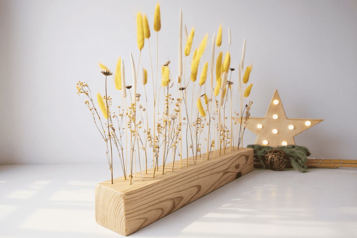 Centro de mesa boho con flores secas blancas y amarillas sobre barra de madera