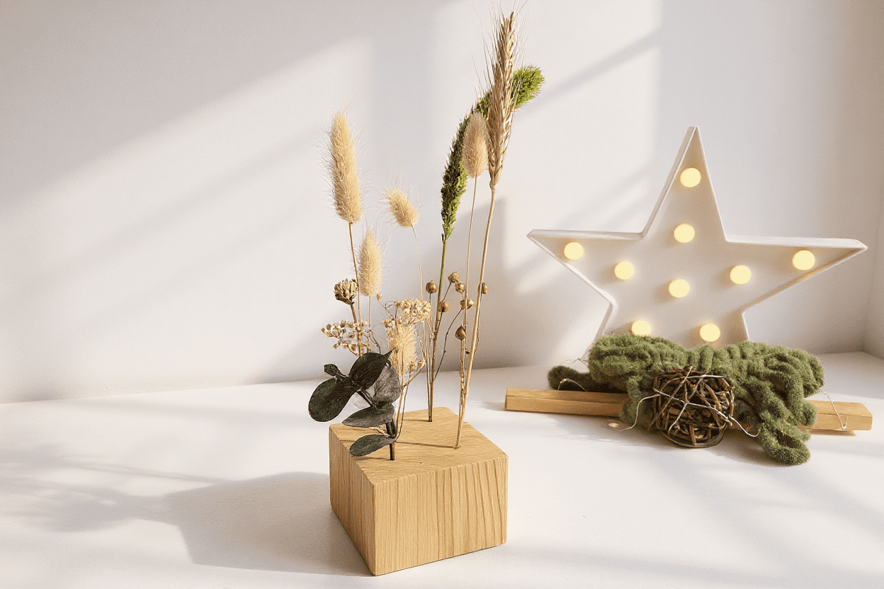 Cubo de madera con flores secas verdes y beige · Detalle decorativo natural y minimalista