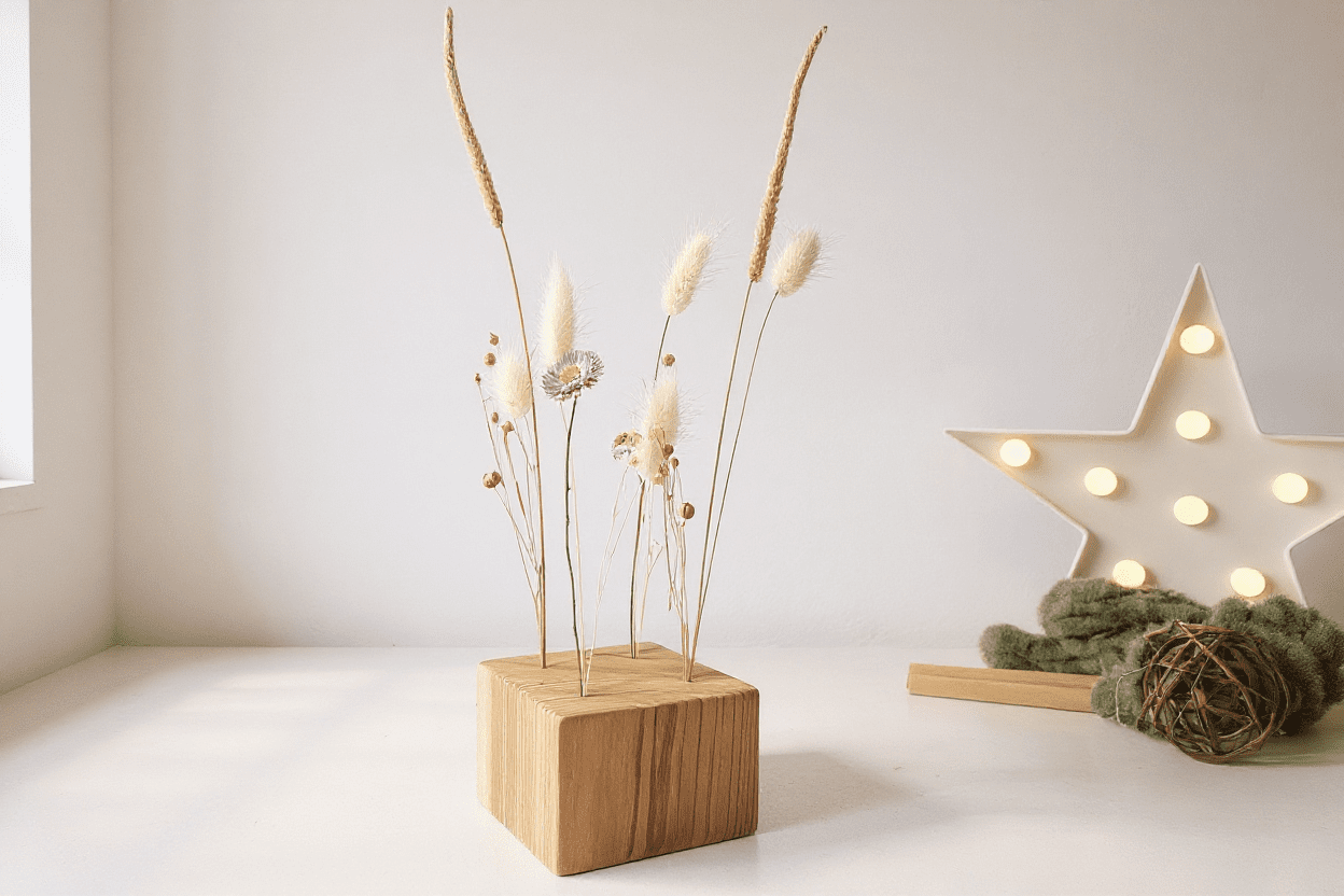 Cubo de madera con flores secas beige y rosa · Decoración natural y minimalista